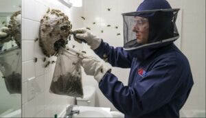 Professional bald-faced hornet technician carefully removes a nest from a residential or commercial bathroom, using specialized tools while wearing full protective gear including gloves, goggles, and a net suit to ensure safe and precise hornet control.