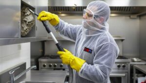 Professional wasp technician carefully removes a hornet nest from a residential or commercial kitchen, using specialized tools while wearing full protective gear including gloves, goggles, and a net suit to ensure safe and precise indoor nest removal.