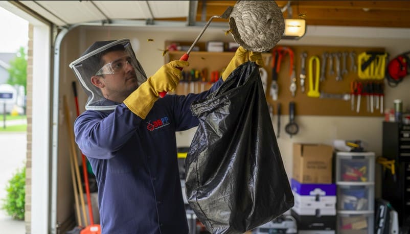 Professional wasp technician carefully removes a hornet nest inside a residential or commercial garage using specialized tools, wearing full protective gear including gloves, goggles, and a net suit to ensure safe and precise nest removal.